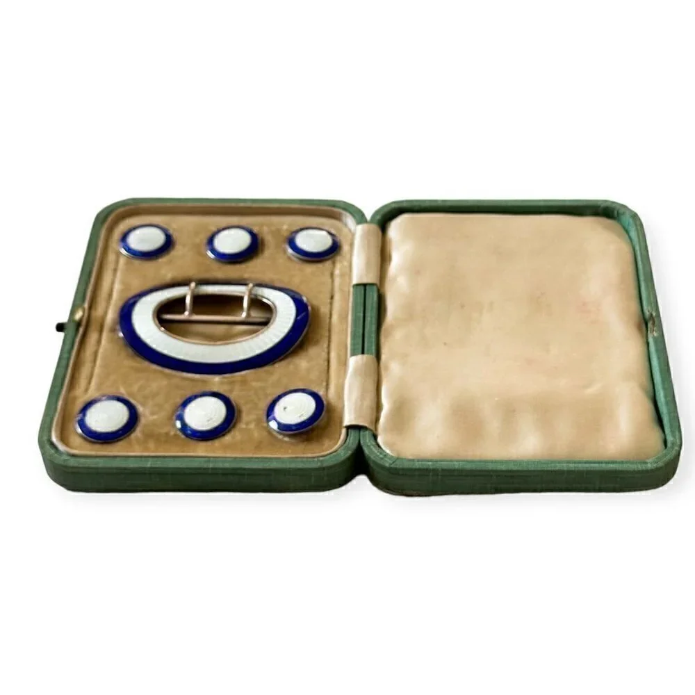 Edwardian Sterling Silver Blue Enamel Buckle and Button Set, Birmingham 1910